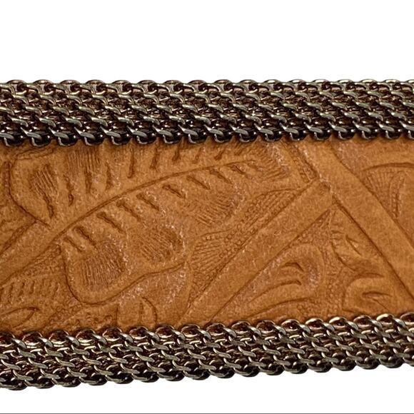 Sand Castle Floral Embossed Tan Leather & Metal Mesh Western Style Belt - Picture 2 of 9